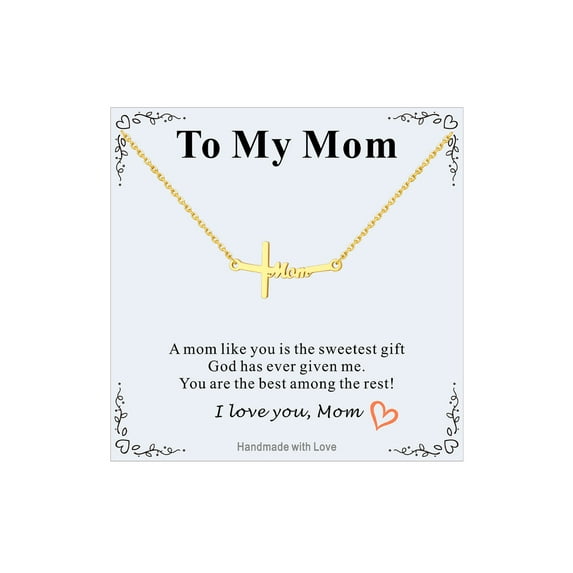 FaithHeart Cross Necklace for Women Gold Plated Stainless Steel Dainty Horizontal Faith Pendant Necklaces with Message Card To My Mom Christian Mothers Day Birthday Gifts