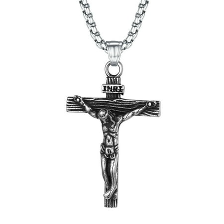 FaithHeart Crucifix Cross Necklace for Men Stainless Steel Christian Jesus Piece Pendant Jewelry Gift for Fathers Day Easter with Sturdy Box Chain