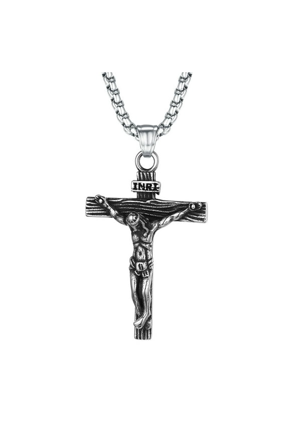 Crucifix Cross Necklace for Men Stainless Steel Christian Jesus Piece Pendant Jewelry Gift for Father Friends Christmas with Sturdy Box Chain