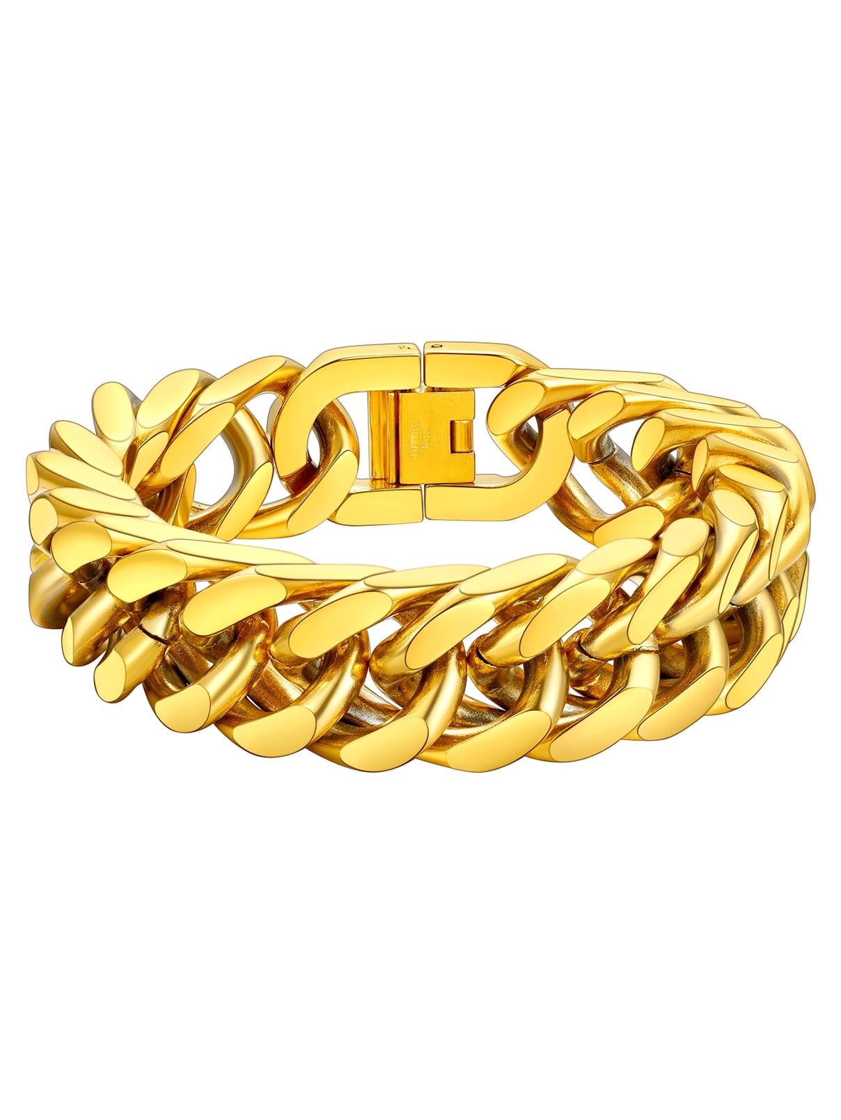 FaithHeart Cuban Curb Link Bracelets for Men, Gold Plated Stainless Steel Chain Wrist Bracelets Hip Hop Jewelry Gifts for Son Boyfriend Father's Day Christmas 17MM Width
