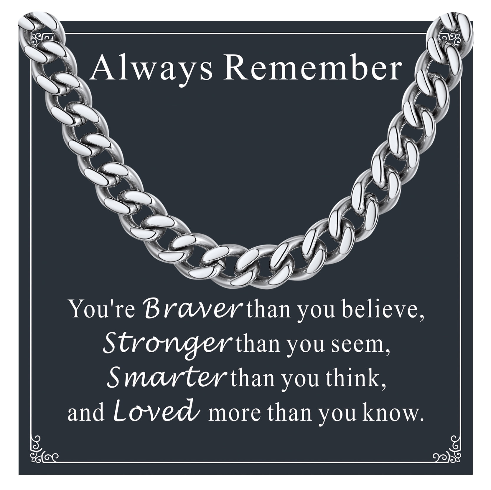 FaithHeart Cuban Link Chain Necklace for Men Stainless Steel Silver Jewelry Gift with Card Always Remember for Brother Friends Birthday Christmas Thanksgiving 7mm 20"