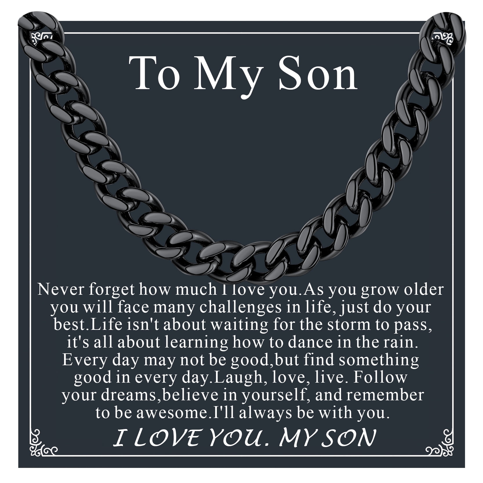 FaithHeart Cuban Link Chain Necklace for Men Stainless Steel Black Jewelry Gift with Card To My Son Birthday Christmas Graduation 7mm 20"