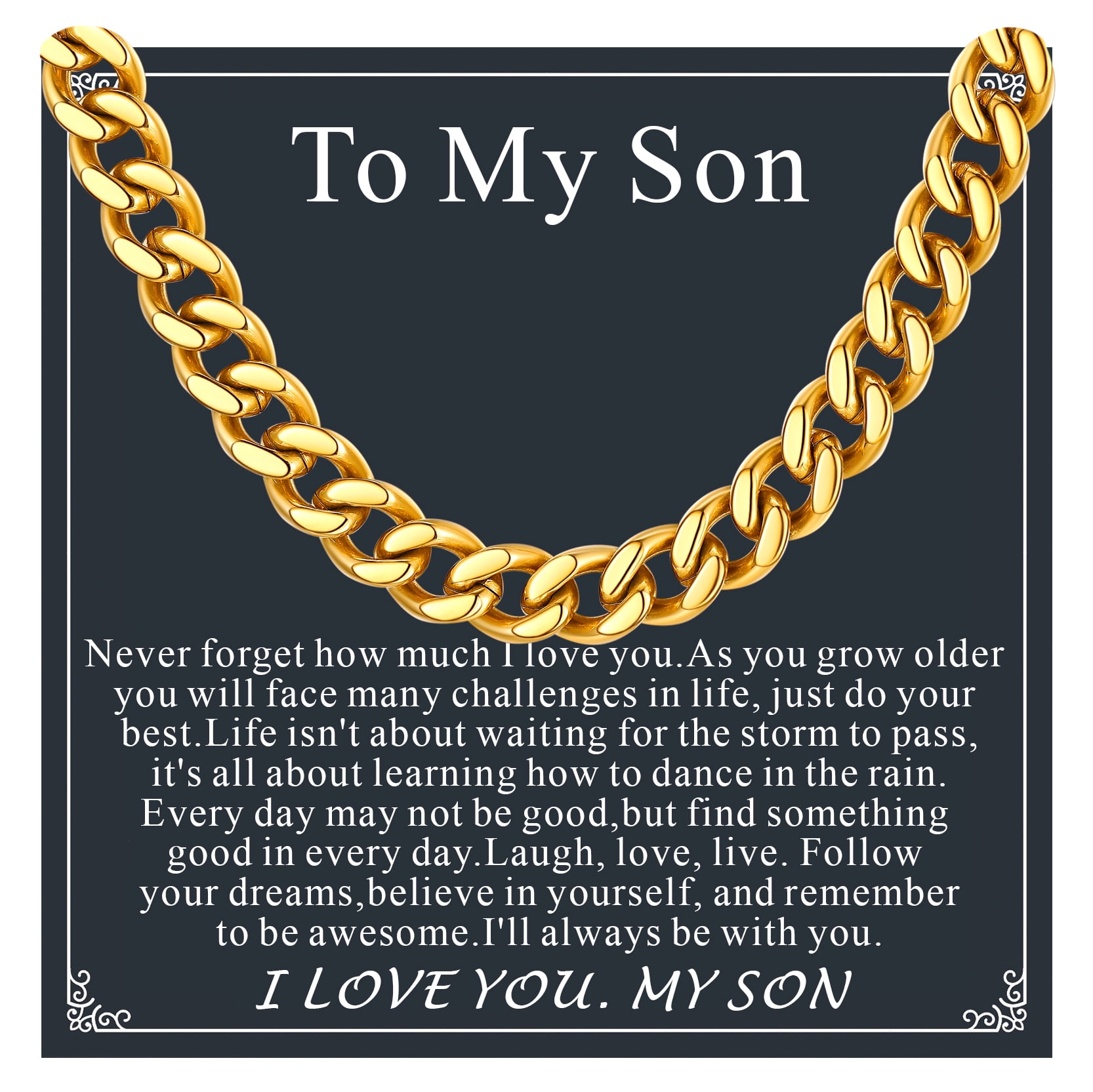 FaithHeart Cuban Link Chain Necklace for Men Stainless Steel Gold Plated Jewelry Gift with Card To My Son Birthday Christmas Graduation 7mm 20"