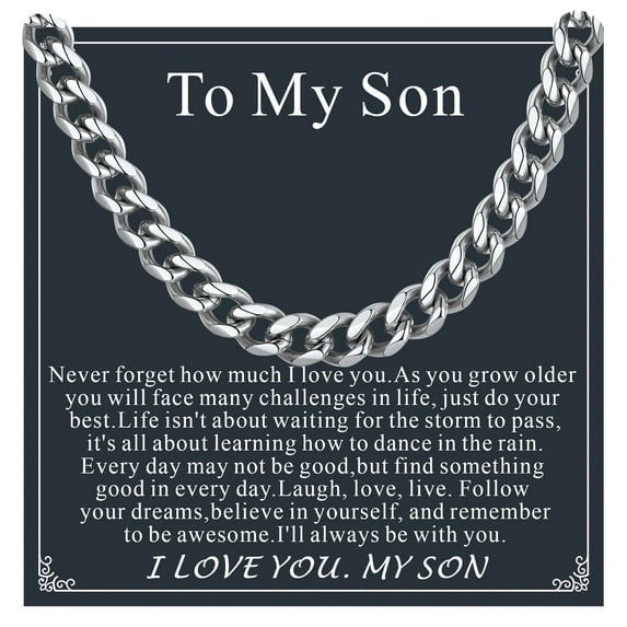 FaithHeart Cuban Link Chain Necklace for Men Stainless Steel Silver Jewelry Gift with Card To My Son Birthday Christmas Graduation 6mm 20" Fathers Day Gift for Dad