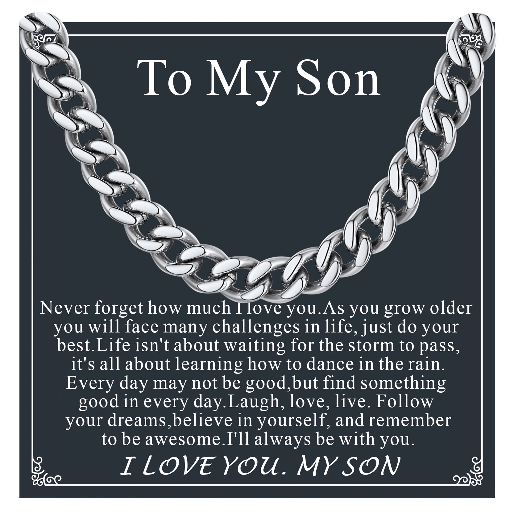 FaithHeart Cuban Link Chain Necklace for Men Stainless Steel Silver Jewelry Gift with Card To My Son Birthday Christmas Graduation 7mm 20"