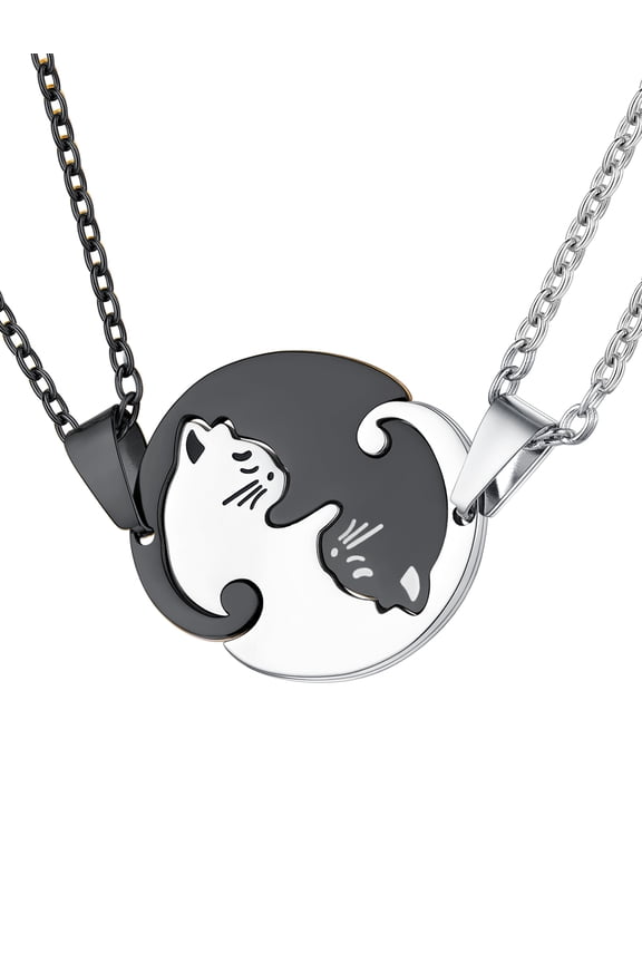 Cute Cat Puzzle Matching Necklaces Set for 2 Stainless Steel BFF Pendant Necklaces for Women Men Couple Friendship Jewelry Gift for Mother's Day