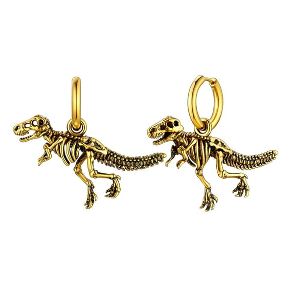 FaithHeart Dinosaur Hoop Earrings for Men Gold Plated Stainless Steel Gothic T-Rex Drop Dangle Earrings Punk Skull Bones Ear Jewelry Gift for Dad Grandpa Fathers Day