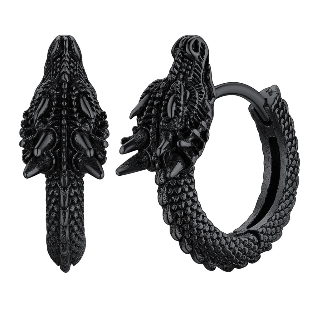 FaithHeart Dragon Earrings for Men Stainless Steel Punk Rock Biker Hoop Earrings Black Round Huggie Stud Earrings