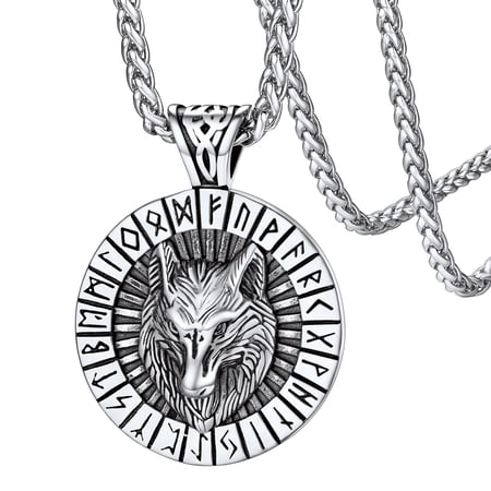 FaithHeart Fenrir Wolf Necklace for Men Norse Viking Rune Pendant Stainless Steel Punk Jewelry Gifts for Dad Grandpa Fathers Day