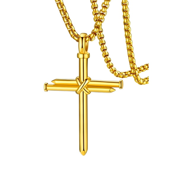 FaithHeart Nail Cross Necklace for Men Women Gold Plated Stainless Steel Christian Catholic Church Jewelry Gift for Dad Brother with Delicate Packaging