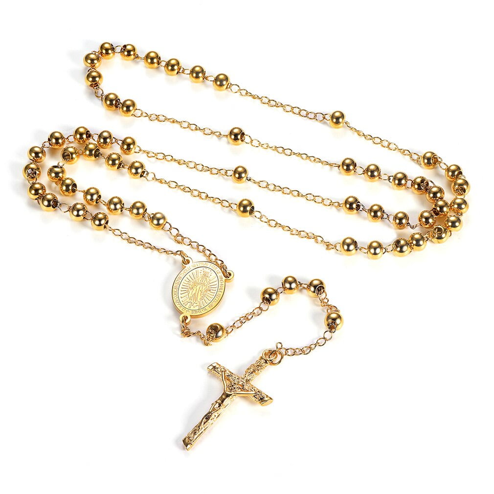 10K Gold Tri-Color Virgin Mary Rosary Cross Diamond Cut Bead 6mm Necklace  26