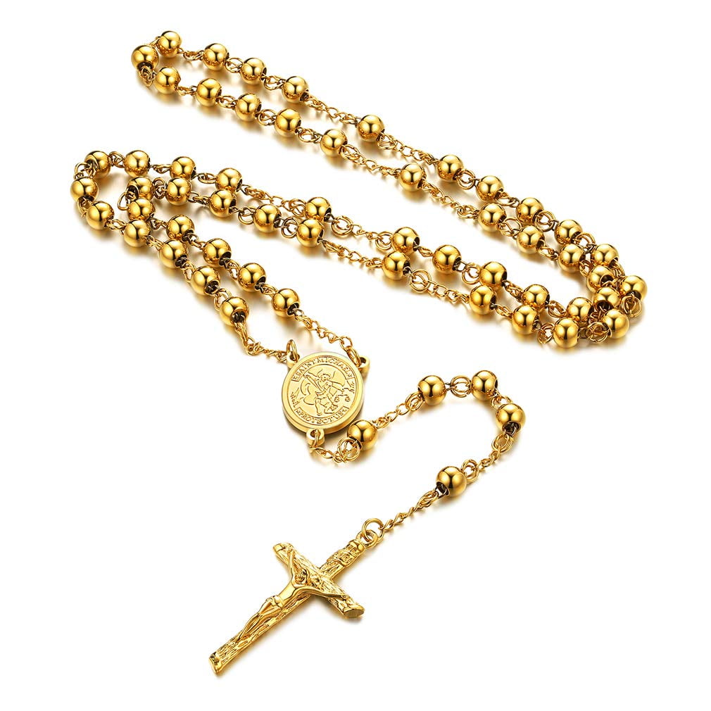 FaithHeart Gold Rosary Necklace for Men Saint Michael Pendant Neck