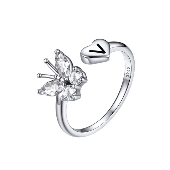FaithHeart Heart Initial V Butterfly Rings for Women Female High Polished Sterling Silver Tarnish Resistance Adjustable Stackable Letter Finger Ring Jewerly