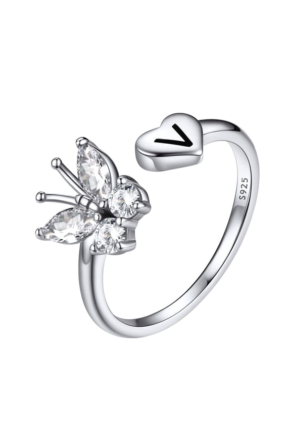 Heart Initial V Butterfly Rings for Women Female High Polished Sterling Silver Tarnish Resistance Adjustable Stackable Letter Finger Ring Jewerly