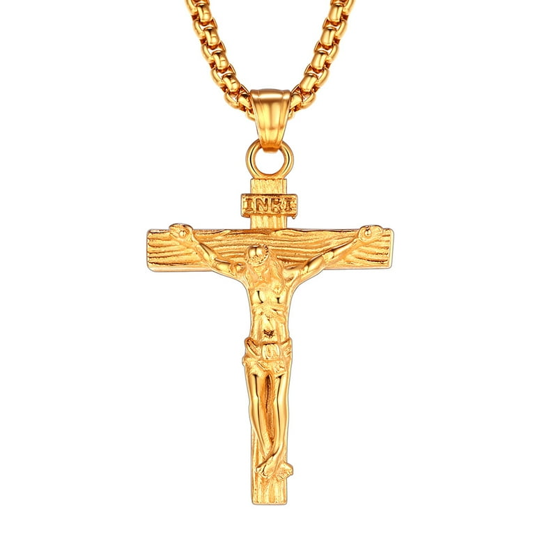 FaithHeart INRI Cross Pendant Crucifix Necklace Mens Gold Plated