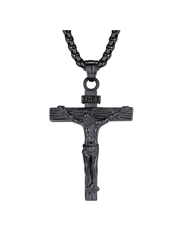INRI Crucifix Cross Necklace for Men Black Stainless Steel Christian Jesus Piece Pendant Religious Church Praying Jewelry Father's Day Gift for Dad