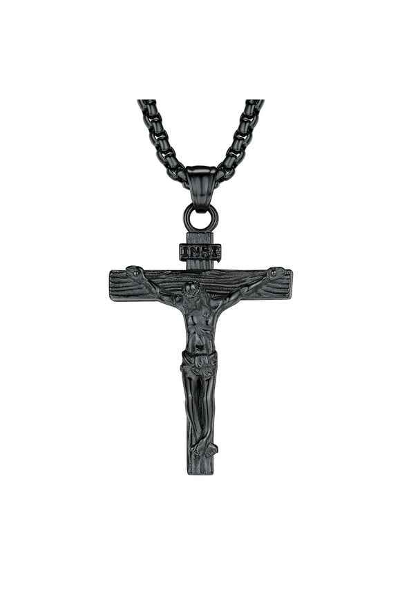 INRI Crucifix Cross Necklace for Men Black Stainless Steel Christian Jesus Piece Pendant Religious Church Praying Jewelry Father's Day Gift for Dad