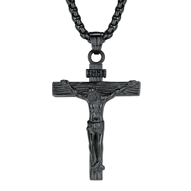 FaithHeart INRI Crucifix Cross Necklace for Men Black Christian Jesus ...
