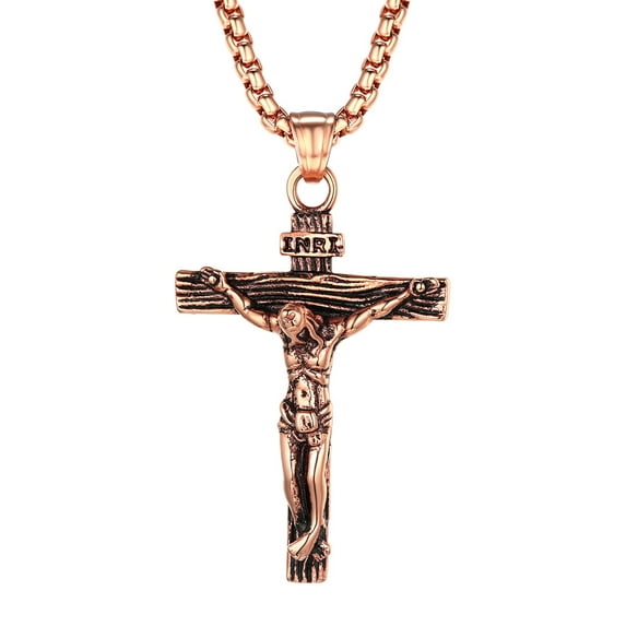 FaithHeart INRI Crucifix Cross Pendant Necklace for Men Rose Gold Plated Jesus Piece Religious Praying Jewelry for Christian Dad Father's Day Gift