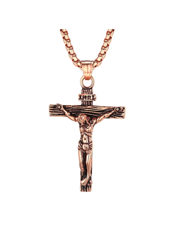 INRI Crucifix Cross Pendant Necklace for Men Rose Gold Plated Jesus Piece Religious Praying Jewelry for Christian Dad Father's Day Gift