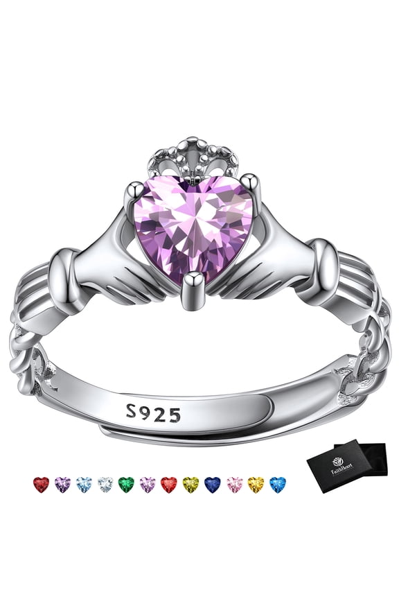 Irish Claddagh Heart Promise Ring for Women 925 Sterling Silver Alexandrite June Birthstone Celtic Knot Ring Adjustable Wedding Band Jewelry Gift for Sister Friends