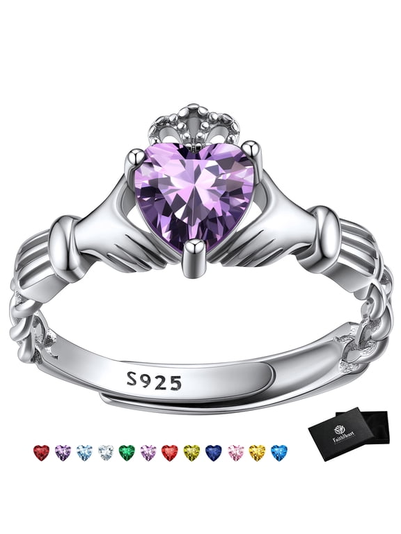 Irish Claddagh Heart Promise Ring for Women 925 Sterling Silver Amethyst February Birthstone Celtic Knot Ring Adjustable Wedding Band Jewelry Gift for Girlfriend Valentine's Day