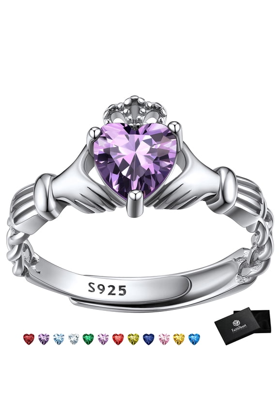 Irish Claddagh Heart Promise Ring for Women 925 Sterling Silver Amethyst February Birthstone Celtic Knot Ring Adjustable Wedding Band Jewelry Gift for Girlfriend Valentine's Day