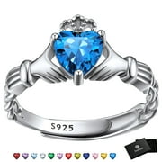 FaithHeart Irish Claddagh Heart Promise Ring for Women 925 Sterling Silver Blue Topaz December Birthstone Celtic Knot Ring Adjustable Wedding Band Jewelry Gift for Birthday
