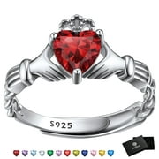 FaithHeart Irish Claddagh Heart Promise Ring for Women 925 Sterling Silver Garnet January Birthstone Celtic Knot Ring Adjustable Wedding Band Jewelry