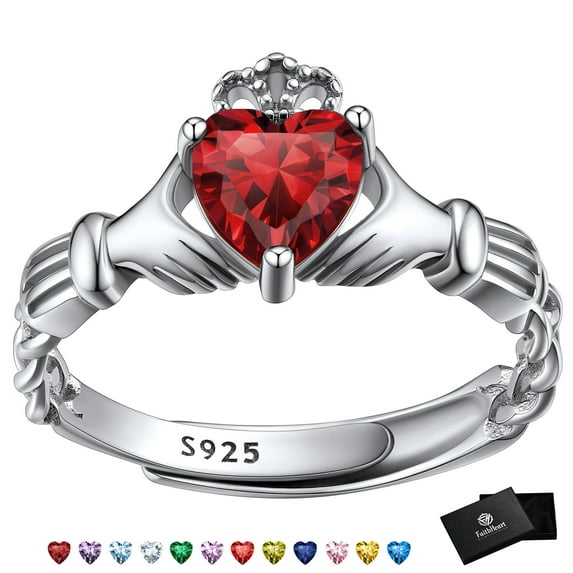 FaithHeart Irish Claddagh Heart Promise Ring for Women 925 Sterling Silver Garnet January Birthstone Celtic Knot Ring Adjustable Wedding Band Jewelry Gift for Wife Anniversary
