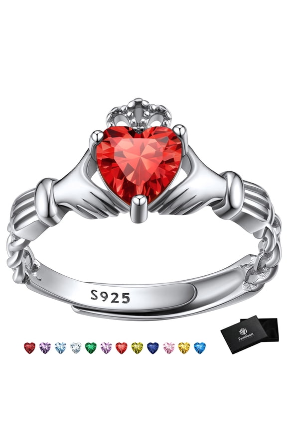 Irish Claddagh Heart Promise Ring for Women 925 Sterling Silver Ruby July Birthstone Celtic Knot Ring Adjustable Wedding Band Jewelry Gift for Daughter Graduation