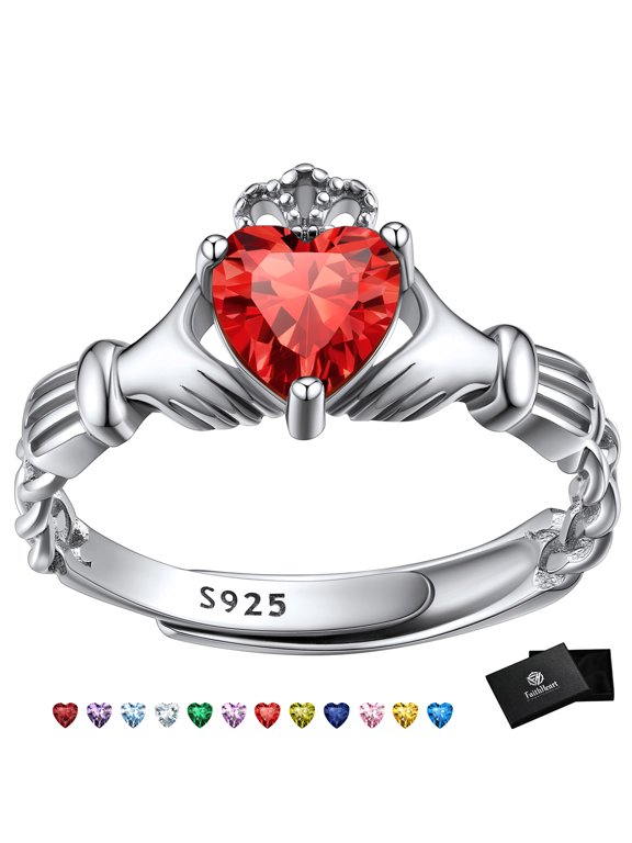 Irish Claddagh Heart Promise Ring for Women 925 Sterling Silver Ruby July Birthstone Celtic Knot Ring Adjustable Wedding Band Jewelry Gift for Daughter Graduation