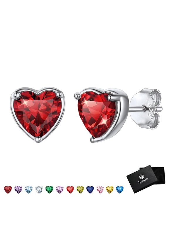 January Birthstone Heart Stud Earrings for Women 925 Sterling Silver Red Earrings Daughter Birthday Christmas Hypoallergenic Jewelry with Gift Box
