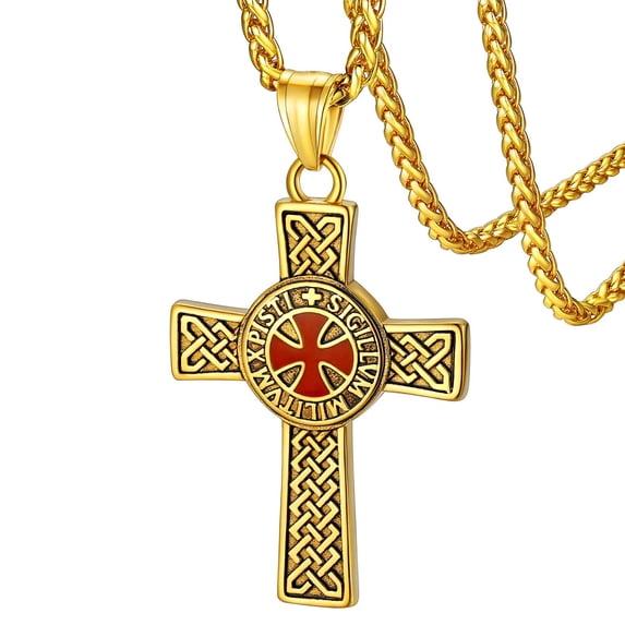 FaithHeart Knights Templar Seal Necklace for Men Gold Plated Stainless Steel Retro Punk Christ Fellow-Soldiers Jewelry Gift for Son Brother Christmas
