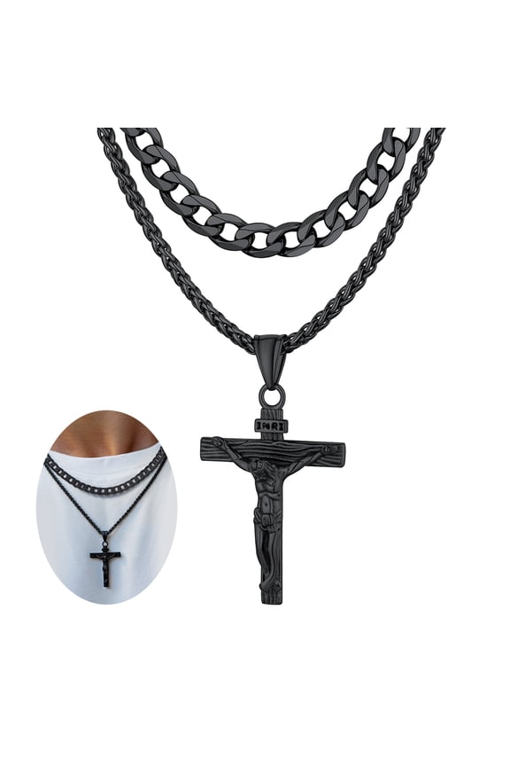 Layered Black Cross Necklace for Men Stainless Steel Cuban Curb Link Chain Crucifix Pendant Necklaces Set Christian Church Religious Jewelry Anniversary Gifts for Husband 22 inch