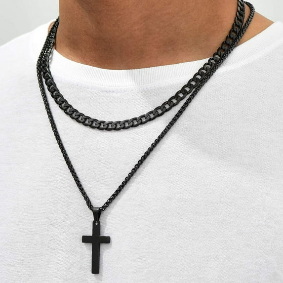 FaithHeart Layered Black Cross Necklace for Men Stainless Steel Cuban Curb Link Chain Mens Cross Pendant Necklaces Set Christian Church Religious Jewelry Anniversary Gifts for Husband 22 inch