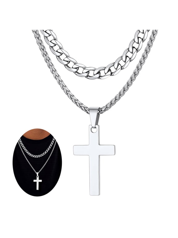 Layered Cross Necklace for Men Stainless Steel Cuban Curb Chain Cross Pendant Set Christian Religious Jewelry Fathers Day Gifts for Dad Husband Son