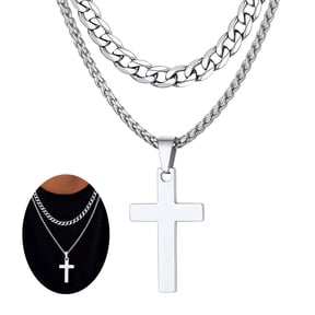 FaithHeart Layered Silver Cross Necklace for Men Stainless Steel Cuban Curb Link Chain Cross Pendant Necklaces Set Christian Religious Fathers Day Jewelry Gifts for Dad