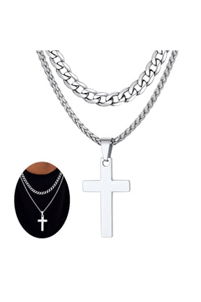 Layered Silver Cross Necklace for Men Stainless Steel Cuban Curb Link Chain Cross Pendant Necklaces Set Christian Religious Fathers Day Jewelry Gifts for Dad