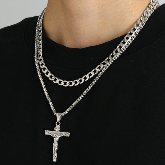 FaithHeart Layered Silver Cross Necklace for Men Stainless Steel Cuban Curb Link Chain Crucifix Pendant Necklaces Set Christian Church Religious Jewelry Christmas Birthday Gifts for Dad 20 inch