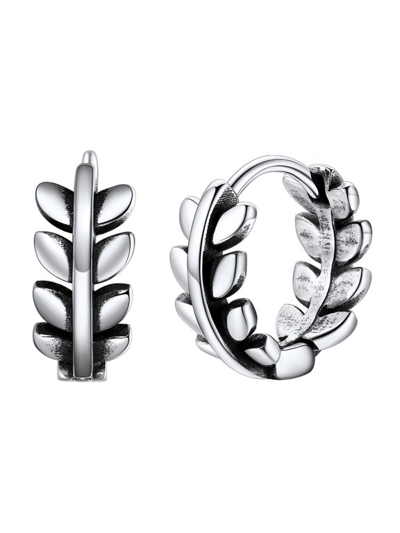 Leaf Huggie Hoop Earrings for Women Stainless Steel Lightweight Dainty Hypoallergenic Small 12mm Cartilage Huggies Silver Earrings Jewelry Gift for Girlfriend Valentine's Day Birthday