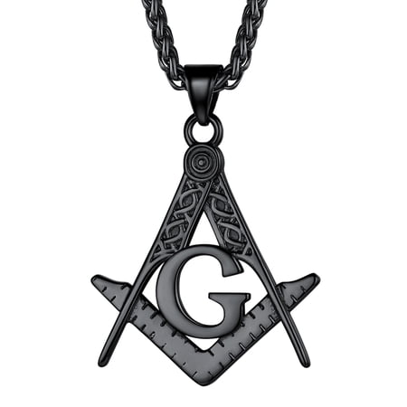 FaithHeart Masonic Necklace for Men, Freemason Compass Symbol Black Stainless Steel Free and Accepted Masons Pendant Jewelry Gifts for Son Birthday
