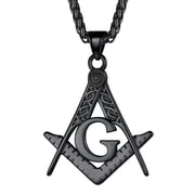 FaithHeart Masonic Necklace for Men, Freemason Compass Symbol Black Stainless Steel Free and Accepted Masons Pendant Jewelry Gifts for Son Birthday