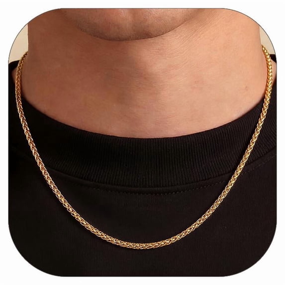 FaithHeart Men Necklace 14K Gold Plated Stainless Steel 2mm/3mm/6mm/9mm Wheat Chain Necklace for Men Gifts for Dad Son Husband Fathers Day Birthday