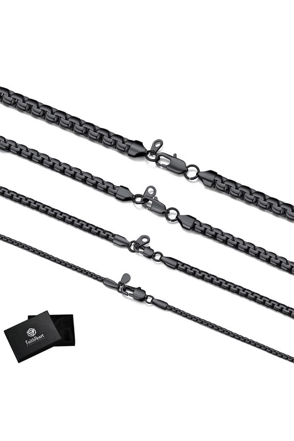 Men Necklace Black Stainless Steel Flat Box Link Chain Necklace, 6mm Width Box Chain Necklaces for Men Non Tarnish Hip Hop Chain Jewelry Gifts for Husband Anniversary 20 Inches