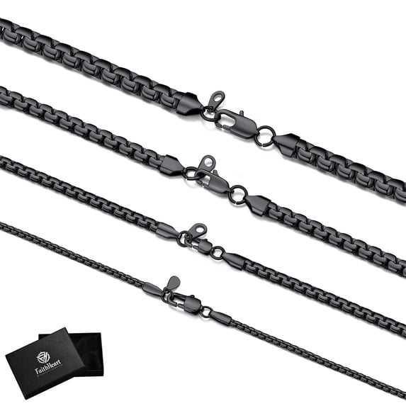 FaithHeart Men Necklace Black Stainless Steel Flat Box Link Chain Necklace, Stylish 4mm Width Box Chain Necklaces for Men Non Tarnish Hip Hop Chain Jewelry Gifts for Son Graduation 28 Inches