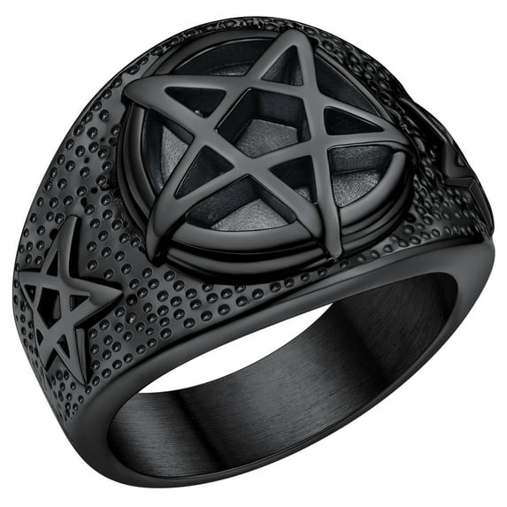 FaithHeart Mens Statement Band Ring Stainless Steel Size 11 Pentacle Signet Rings for Hippie