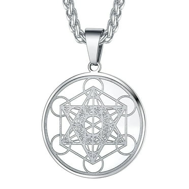 FaithHeart Metatron's Cube Necklace for Men Women Stainless Steel Sacred Geometric Pendant Spiritual Protection Medal Jewelry Gift for Dad Grandpa Fathers Day Christmas