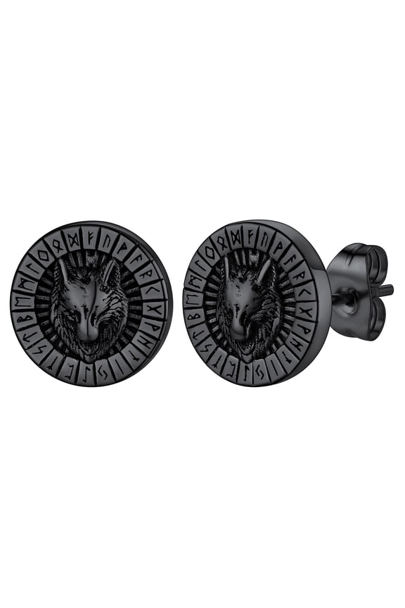 Nordic Fenrir Wolf Stud Earrings for Men Women Stainless Steel Viking Rune Earrings Gothic Punk Hypoallergenic Lightweight Black Jewelry Gift for Dad Husband