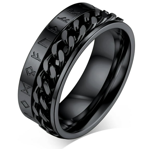 FaithHeart Nordic Viking Spinner Runes Ring for Men Jewelry Gift Black Punk Cuban Link Chain Band Ring Stainless Steel Rotatable Fidget Ring for Anxiety for Husband Size 8